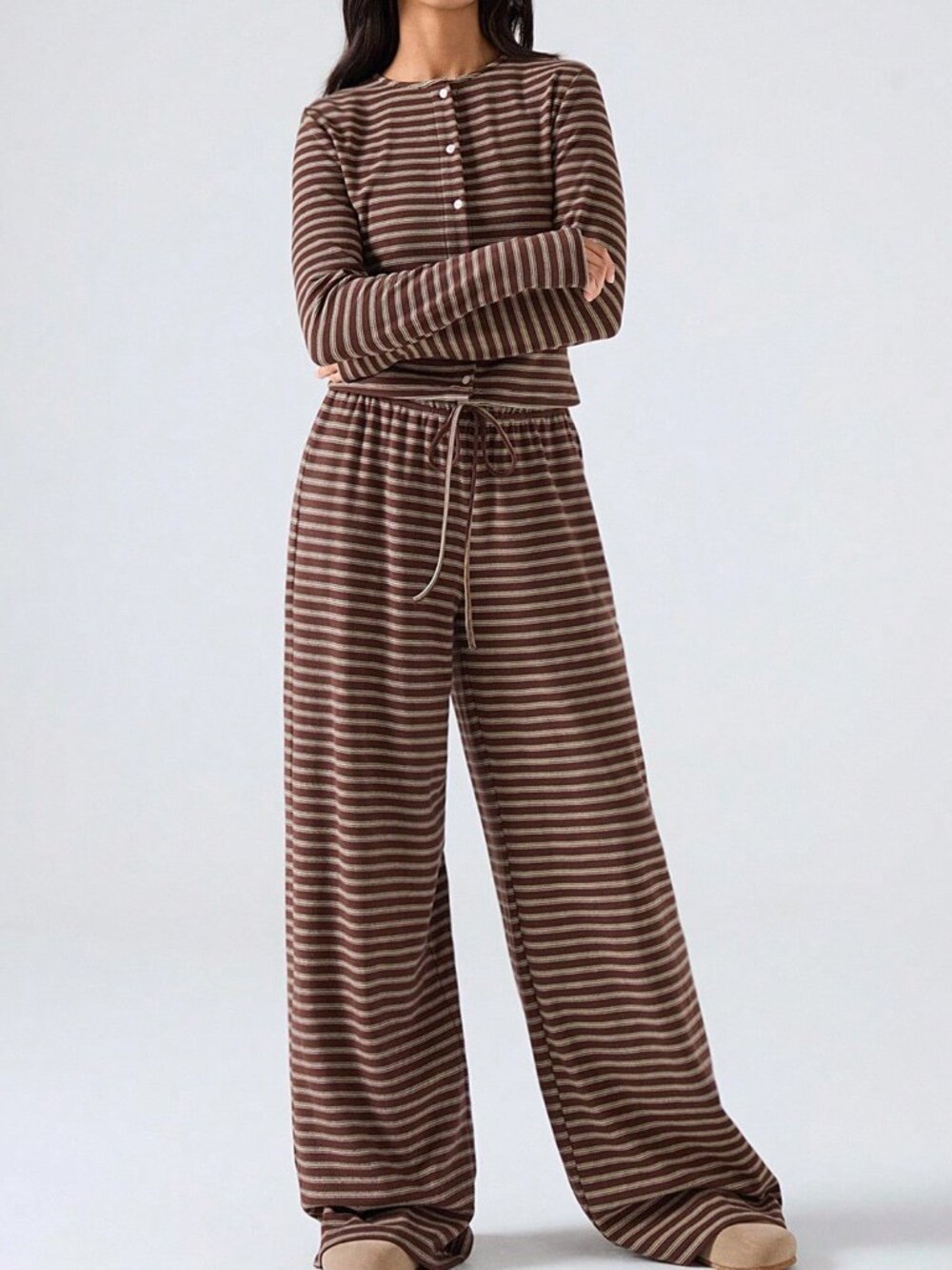 Brown Casual Women's Striped Long-Sleeved Tops And Pants Set